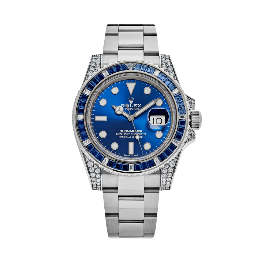 Submariner com mostrador azul, vidro de safira e bisel cravejado de diamantes, 40 mm