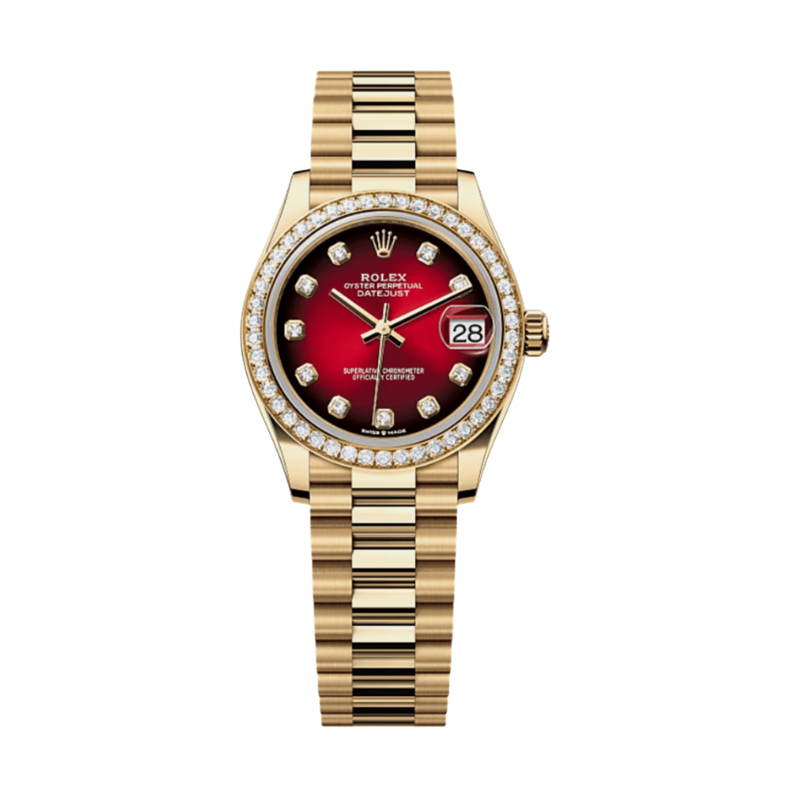 Relógio Date Just para mulher em ouro amarelo com mostrador vermelho degradé, 31 mm
