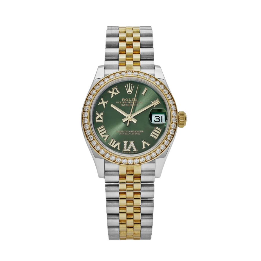Relógio Date Just para senhora em ouro amarelo com mostrador verde e numeração romana, 31 mm.