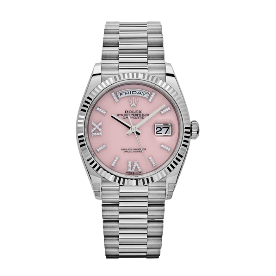 Relógio de bolso com mostrador em ouro branco opala e diamantes, 36 mm, com dia e data.