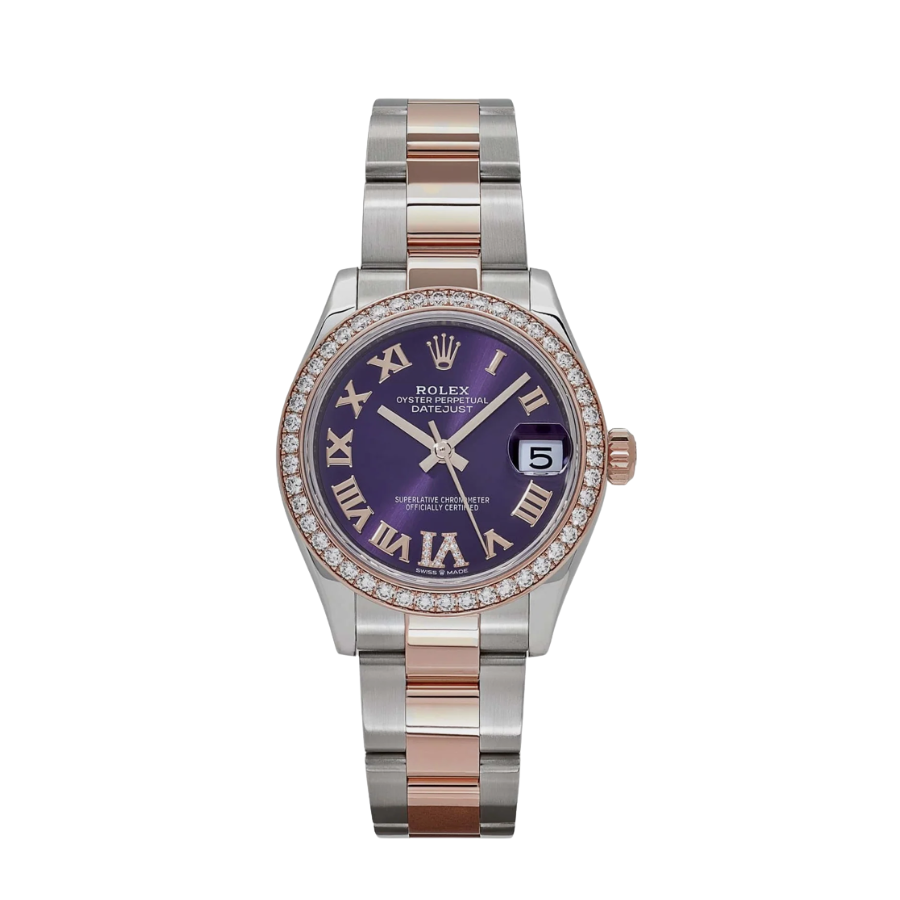 Relógio Date Just para mulher, dourado rosê, mostrador roxo beringela, 31 mm
