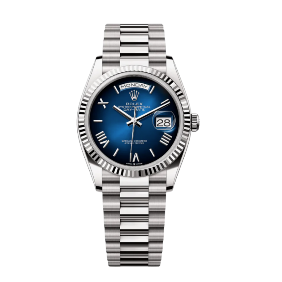 Relógio de bolso com dia e data, mostrador azul degradé em ouro branco, 40 mm