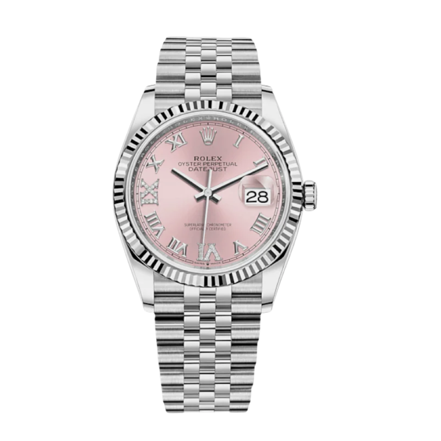 Datejust em ouro branco com mostrador rosa, 36 mm