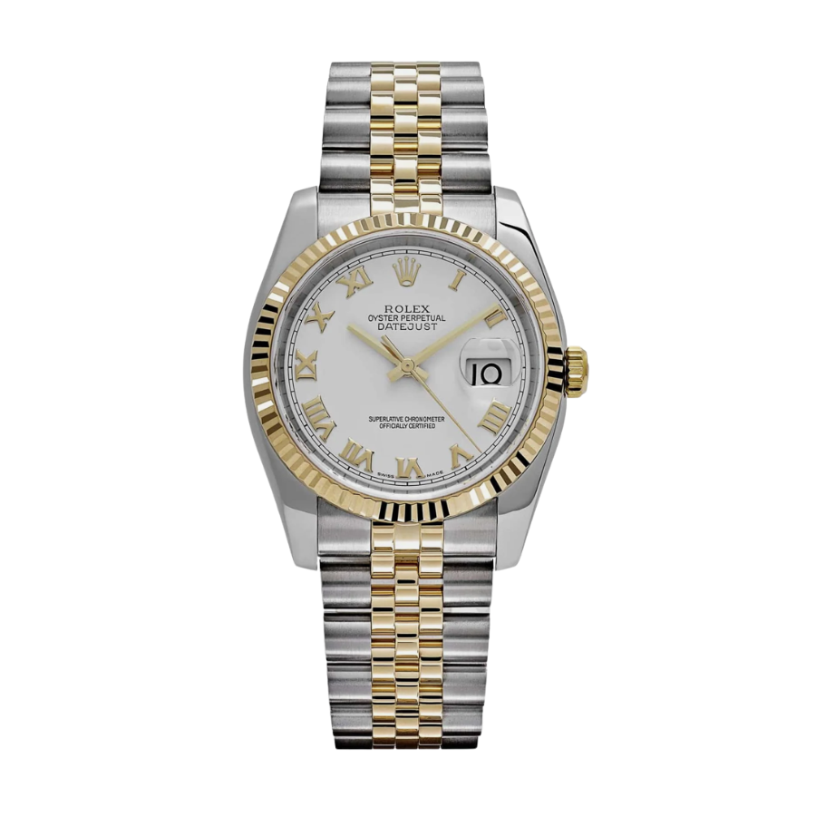 Datejust em ouro amarelo com mostrador branco e numeração romana, 41 mm