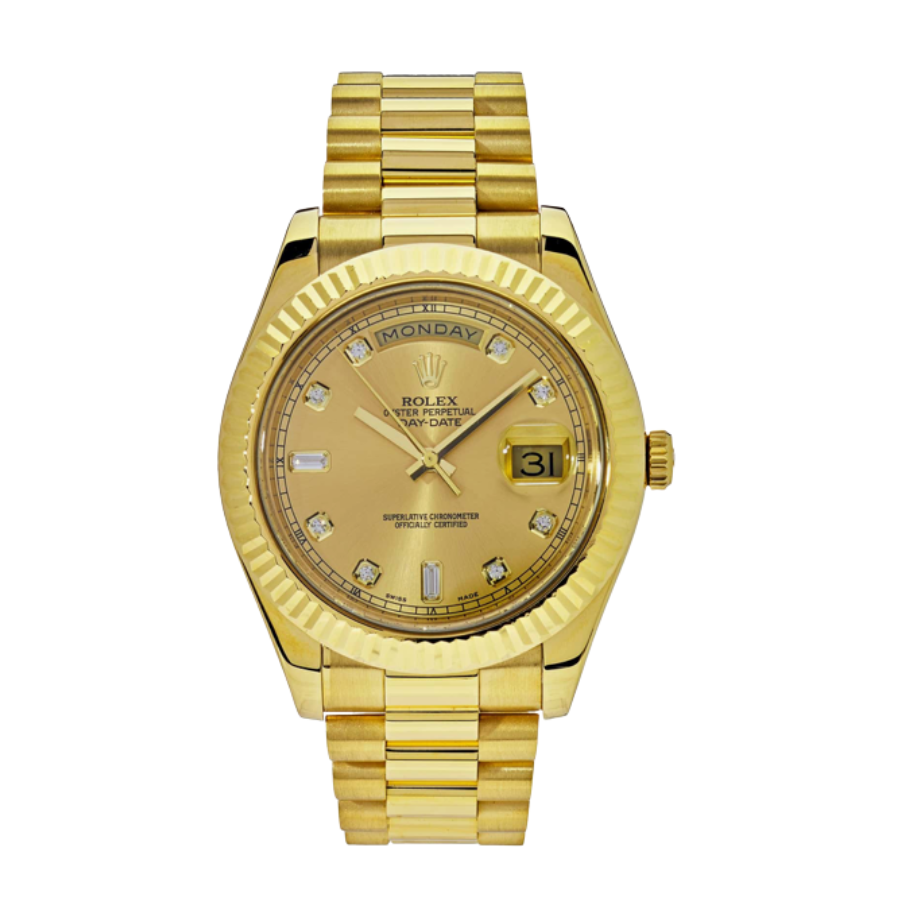 Relógio de bolso com mostrador champanhe em ouro amarelo, dia e data, 41 mm.