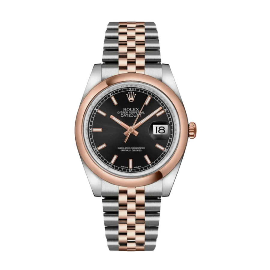 Datejust em aço com detalhes em ouro rosa e mostrador preto, 36 mm