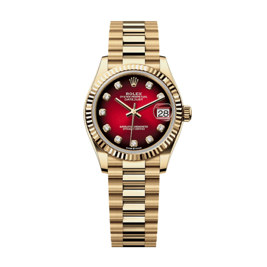 Relógio Date Just para mulher em ouro amarelo com mostrador vermelho degradé e diamantes, 31 mm.