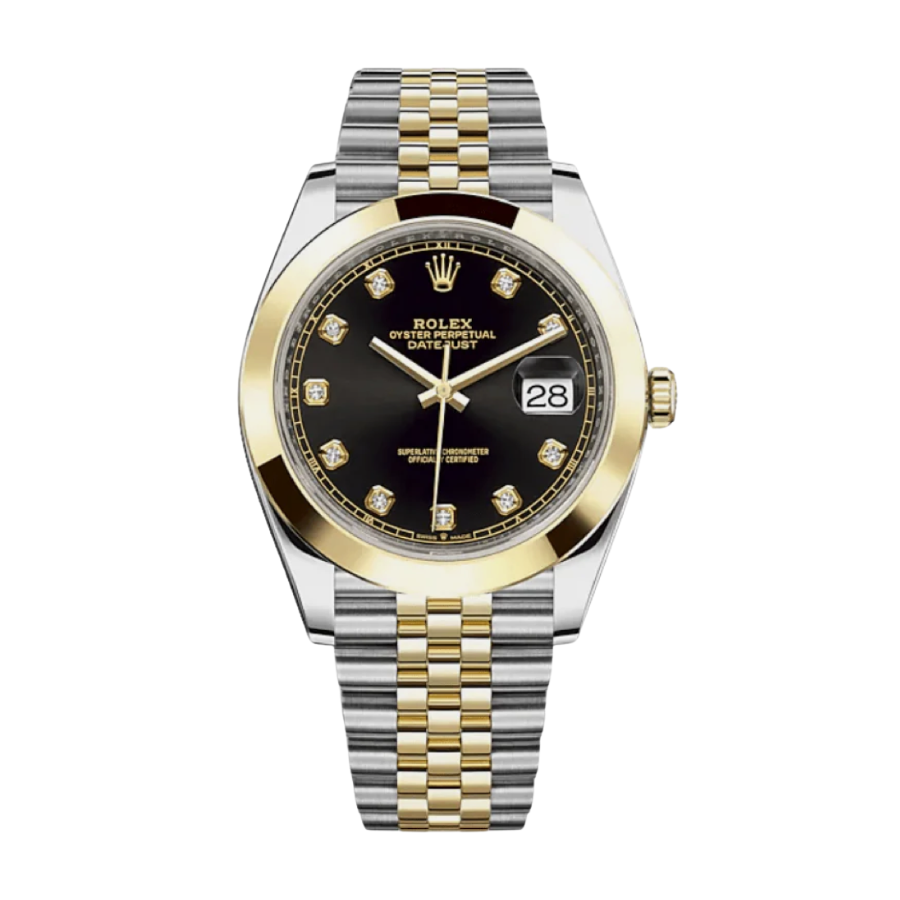 Datejust em ouro amarelo com mostrador preto cravejado de diamantes, 41 mm