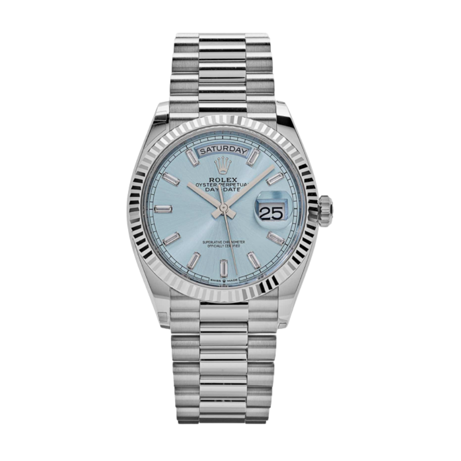 Mostrador baguette azul gelo com indicação do dia e da data, 36 mm