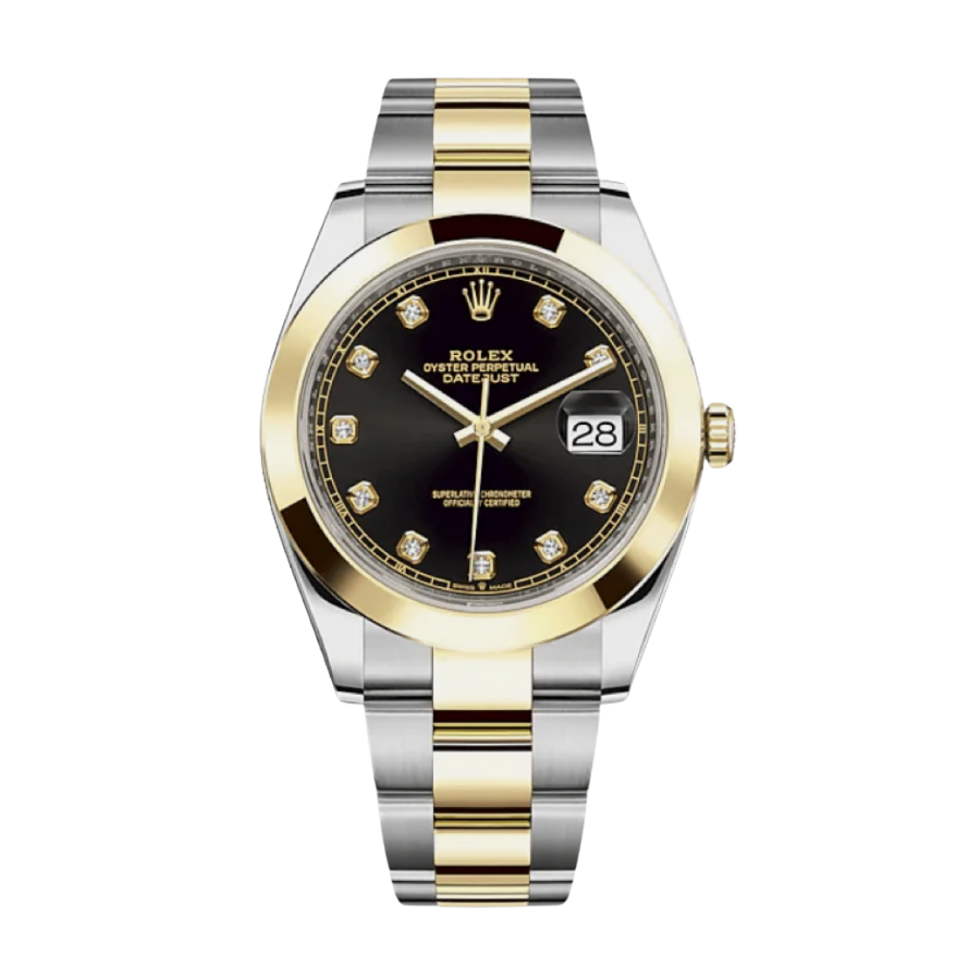 Datejust em ouro amarelo com mostrador preto cravejado de diamantes, 41 mm