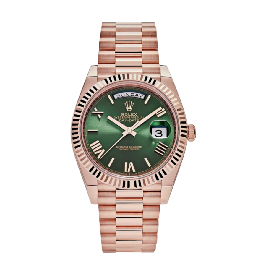 Mostrador verde-azeitona em ouro rosa com indicador de dia e data, 40 mm