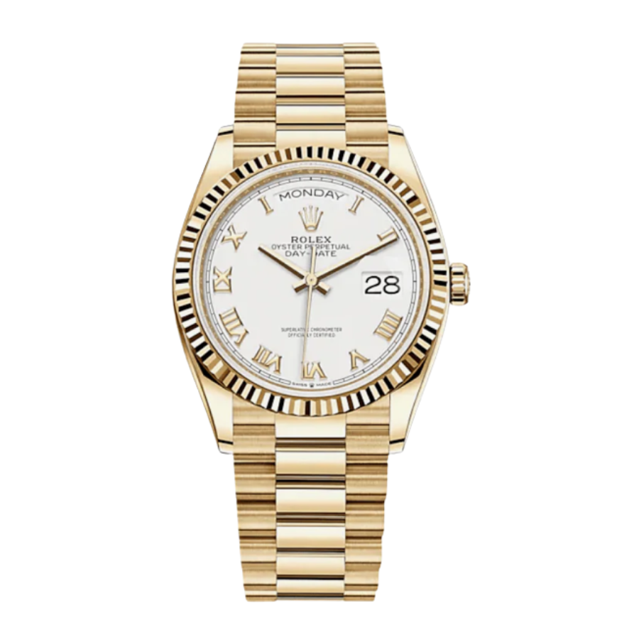 Relógio Day-date em ouro amarelo com mostrador branco, 36 mm