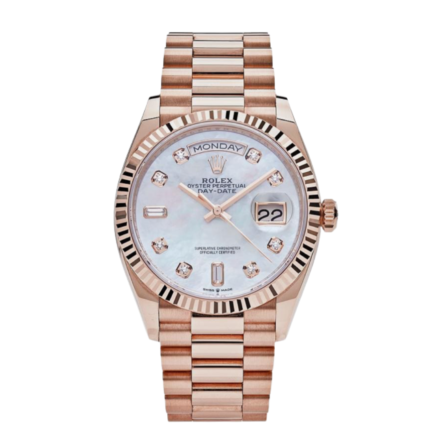 Relógio com dia e data, mostrador em madrepérola dourada e diamantes, 36 mm