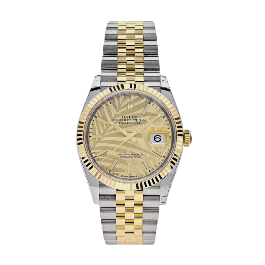 Datejust, mostrador em ouro amarelo com motivo de palmeira, 36 mm