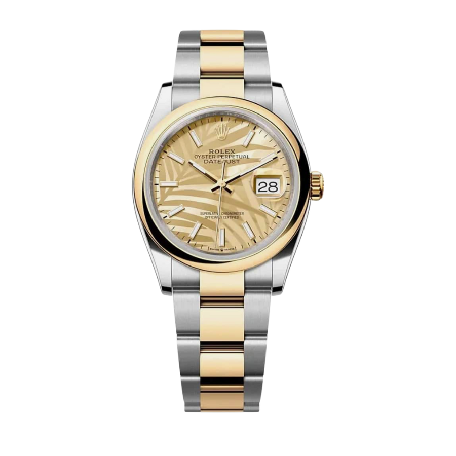 Datejust, mostrador em ouro amarelo com motivo de palmeira, 36 mm