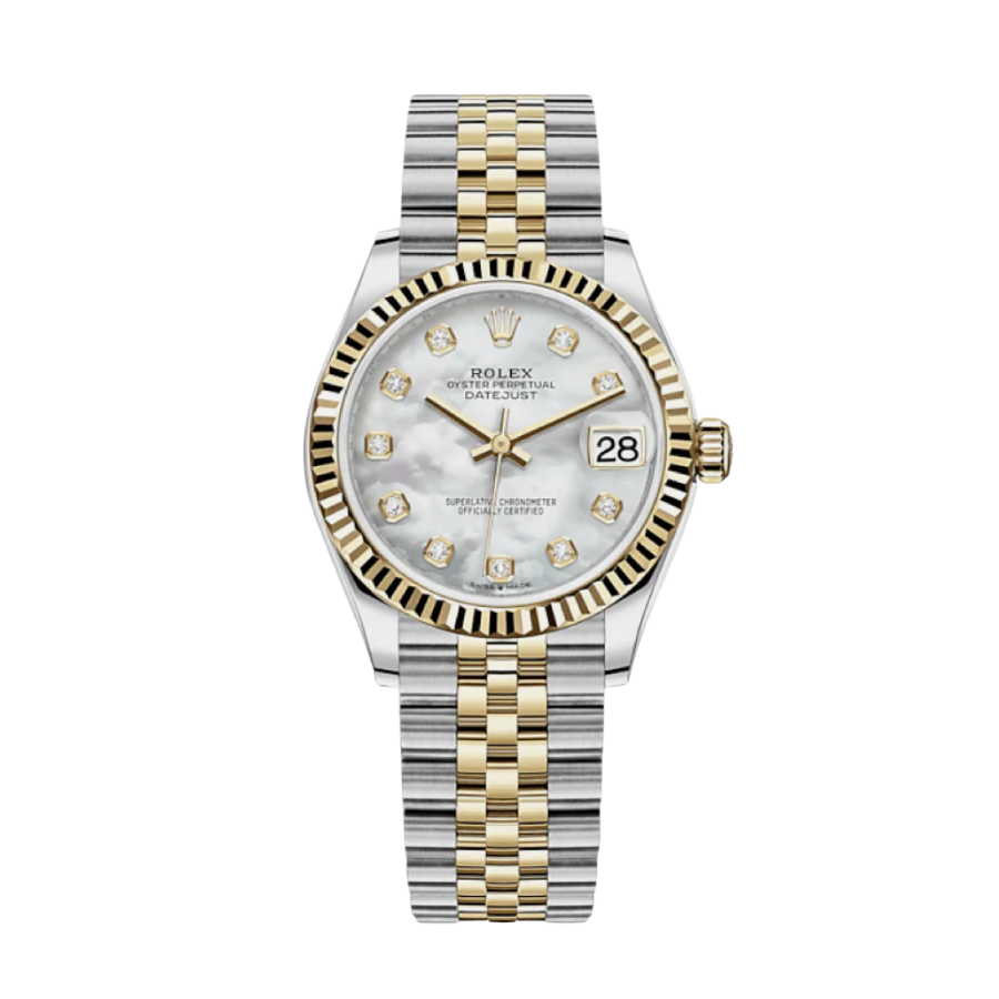Relógio Date Just para senhora em ouro amarelo com mostrador em madrepérola e diamantes, 31 mm.