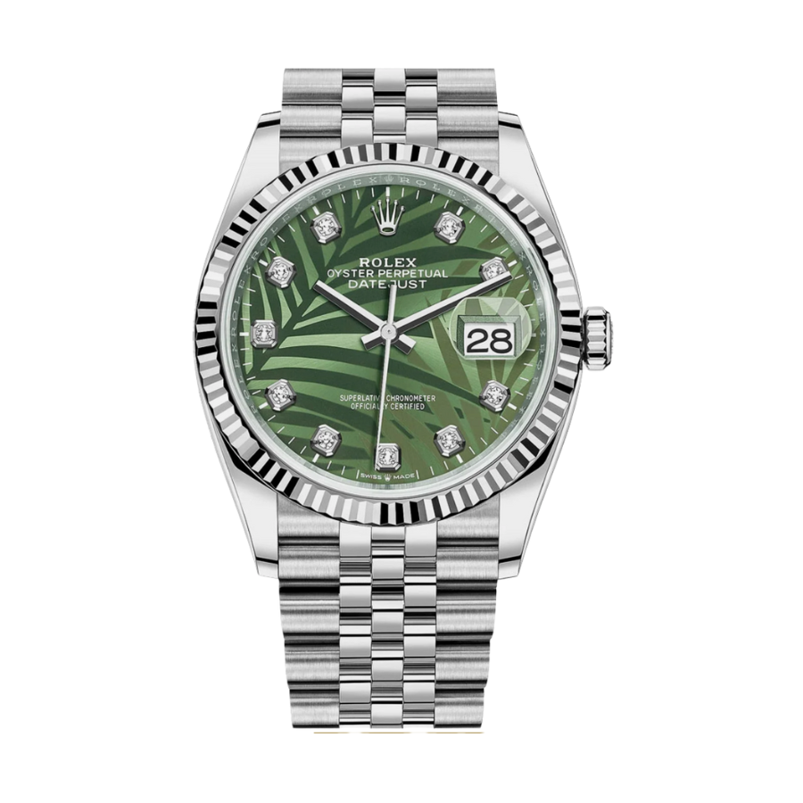 Datejust, mostrador de 36 mm em ouro branco com motivo de palmeira e diamantes.
