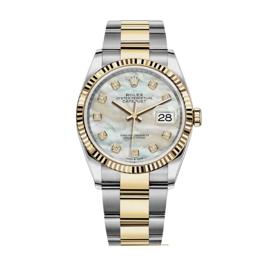 Datejust em ouro amarelo com mostrador em madrepérola e diamantes, 36 mm