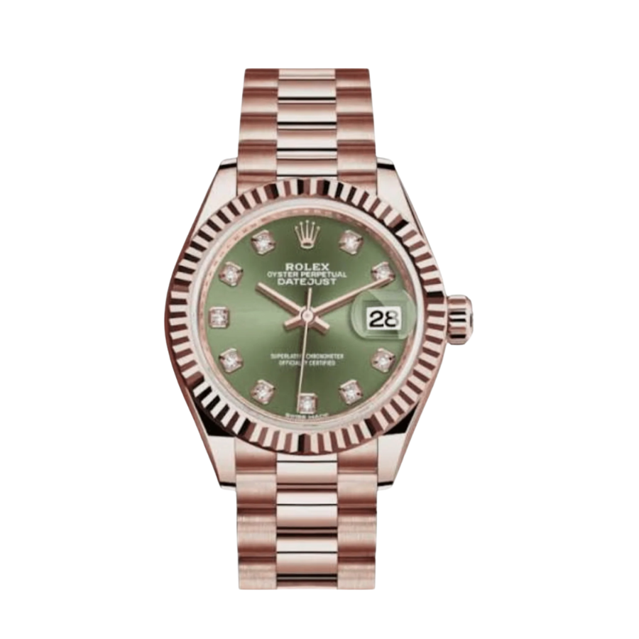 Relógio Date Just para mulher em ouro rosa, mostrador verde azeitona com diamantes, 28 mm