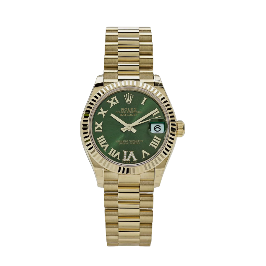Relógio Date Just para senhora em ouro amarelo com diamantes e mostrador verde, 31 mm.