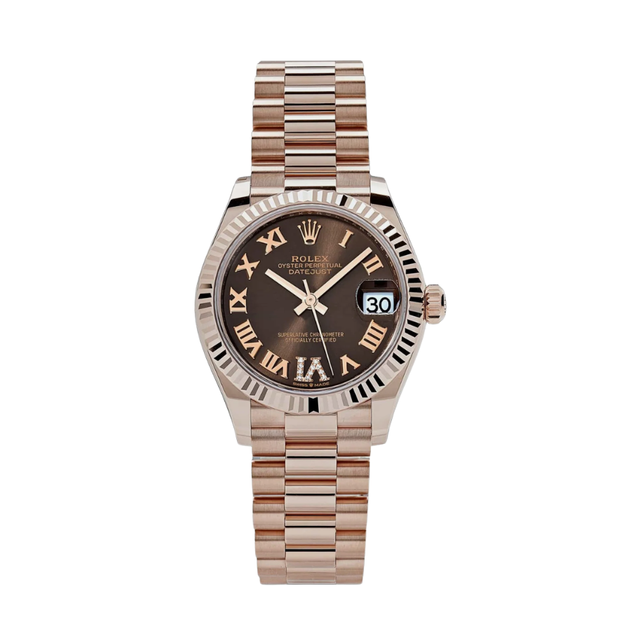 Relógio Date Just para mulher em ouro rosa com diamantes e mostrador chocolate, 31 mm.