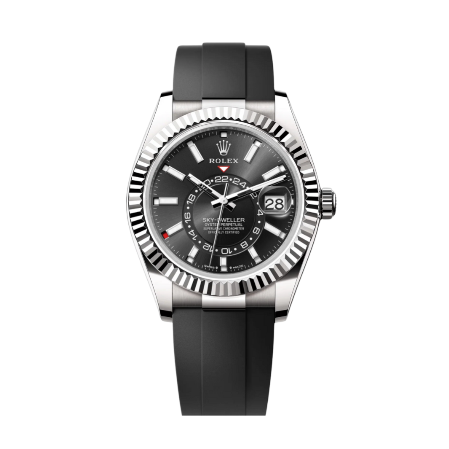Sky-dweller com mostrador preto e bracelete Oysterflex de 42 mm