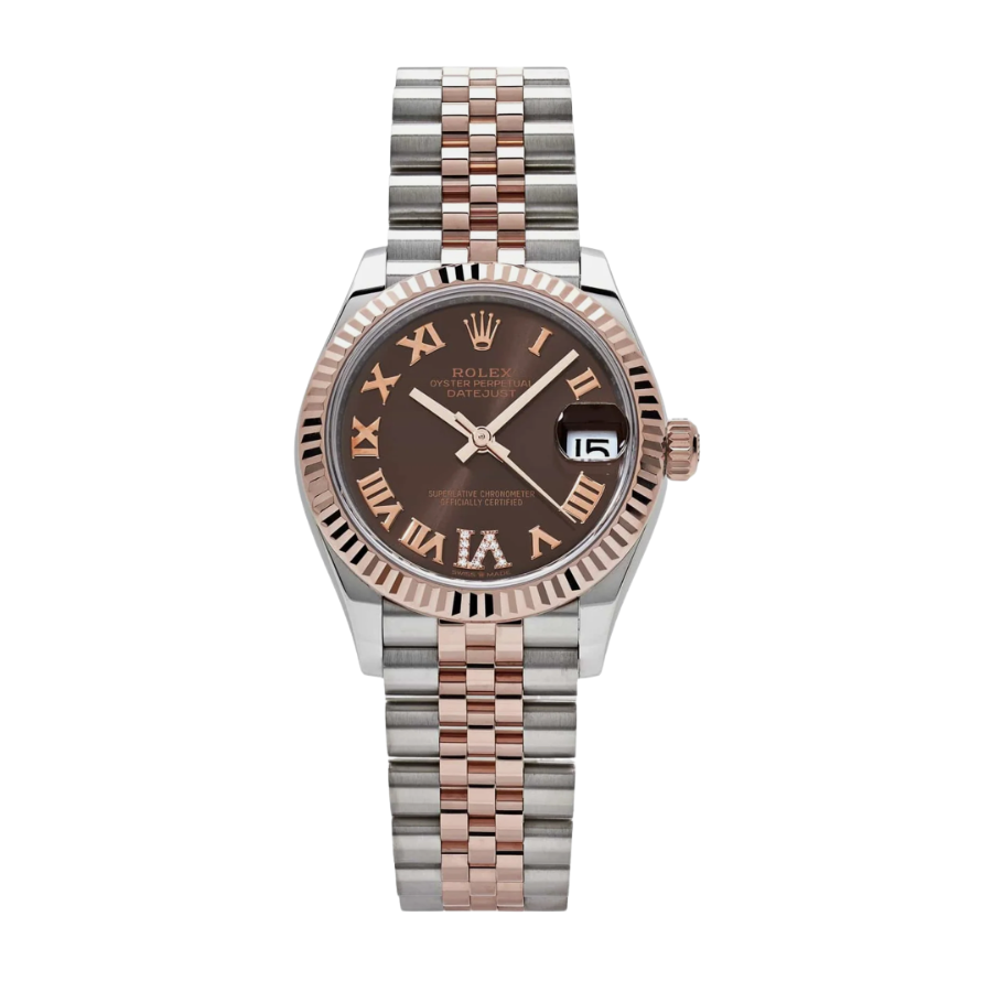 Relógio Date Just para mulher em ouro rosa com mostrador romano cor chocolate, 31mm