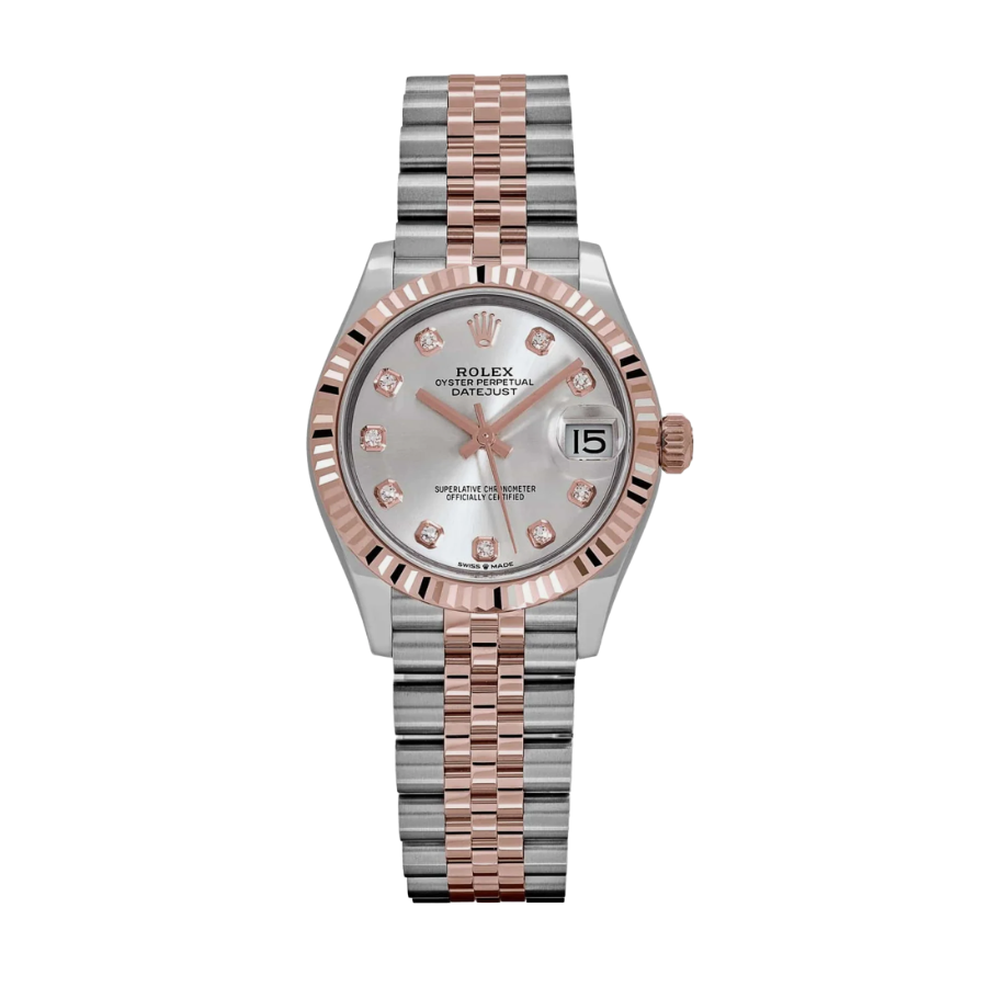 Relógio de senhora Date Just, dourado rosê, prateado, com mostrador em diamantes, 31 mm.