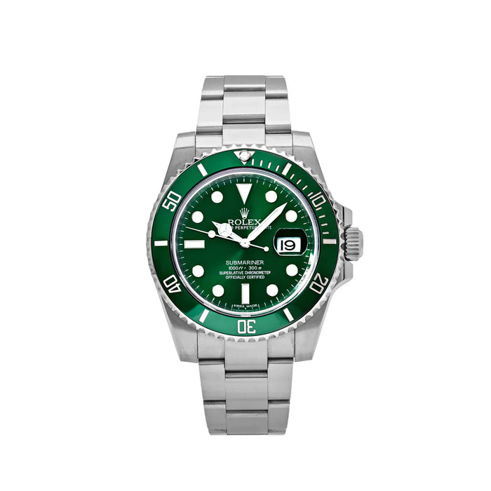 Submariner Date 116610LV 'Hulk' com mostrador verde em aço e caixa Oyster.