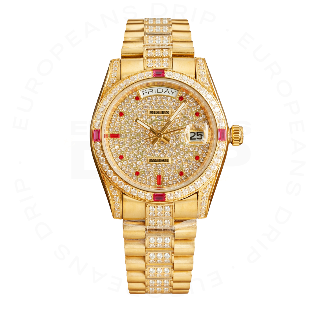 Mostrador romano em ouro amarelo com indicação do dia e da data, bisel com rubis, 40 mm